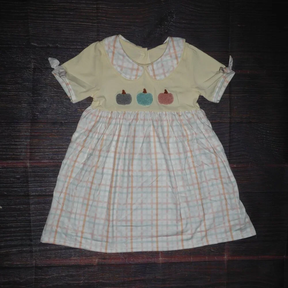 Boutique Chenille Pumpkin Plaid Short Sleeve Girls Dress